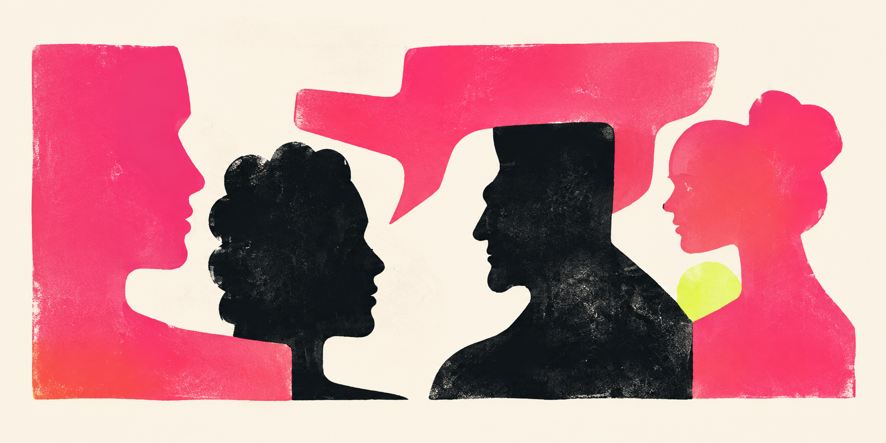 Original screenprint-style illustration of people in conversation
